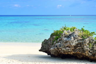 美しい白砂のビーチに佇む珊瑚岩。